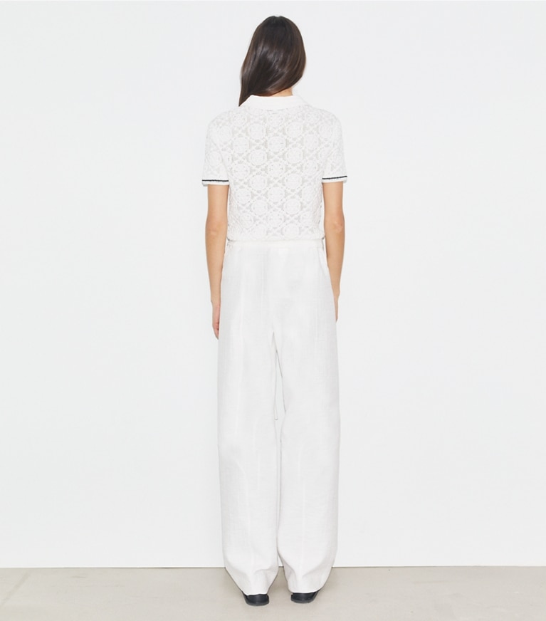 Tory Burch designer sweaters Cotton Lace Polo Top in White front