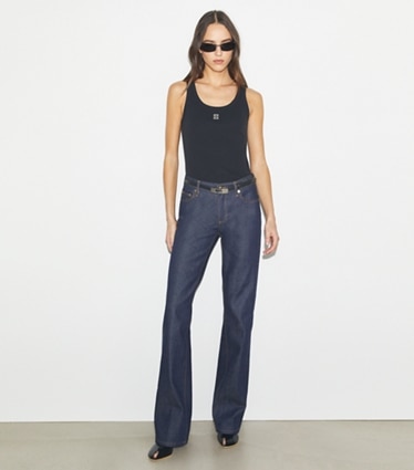 Tory Burch designer bottoms Cotton Skinny-Leg Jean in Raw/Unwashed on model front