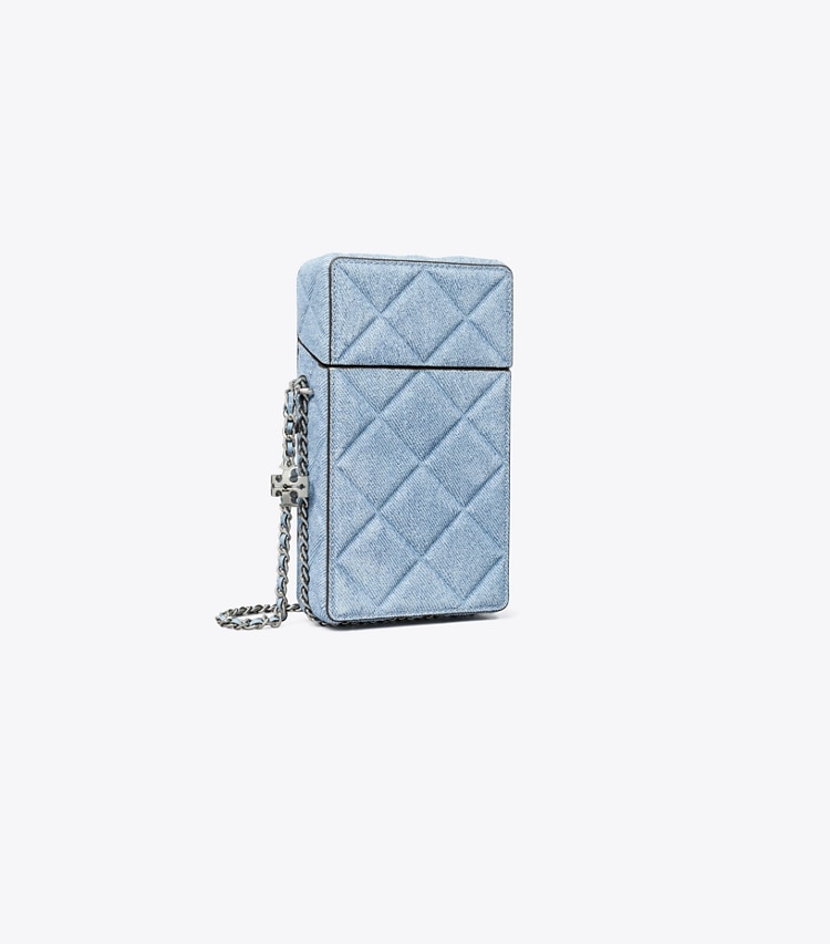 Tory Burch designer mini bags Fleming Denim-Print Suede Phone Crossbody in Denim angle