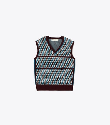 Tory Sport designer sweaters Jacquard Sweater Vest in Aqua Blue Linked Geo 3 Color front