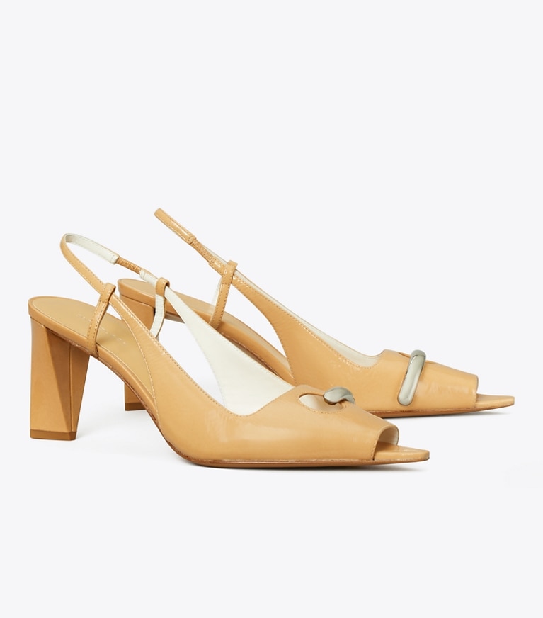 Tory Burch designer heels Pierced Peep-Toe Slingback in CANTUCCI / GOLD angle