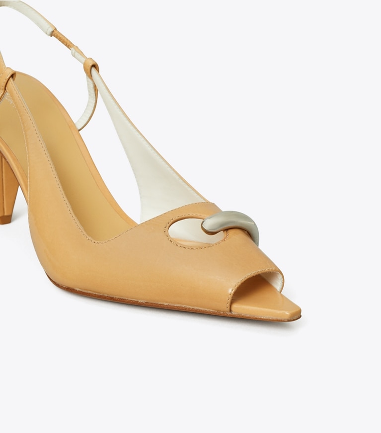 Tory Burch designer heels Pierced Peep-Toe Slingback in CANTUCCI / GOLD angle