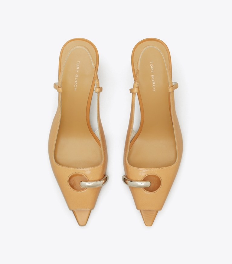 Tory Burch designer heels Pierced Peep-Toe Slingback in CANTUCCI / GOLD angle