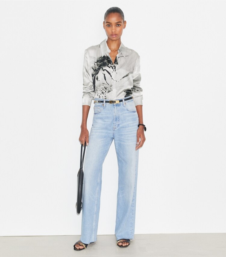 Tory Burch designer tops Printed Viscose Shirt in Gray Bee on model front