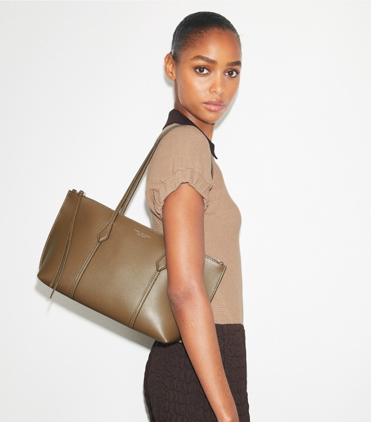 Tory Burch designer tote bags Small Perry Zip Tote in Wild Mushroom accessory on model