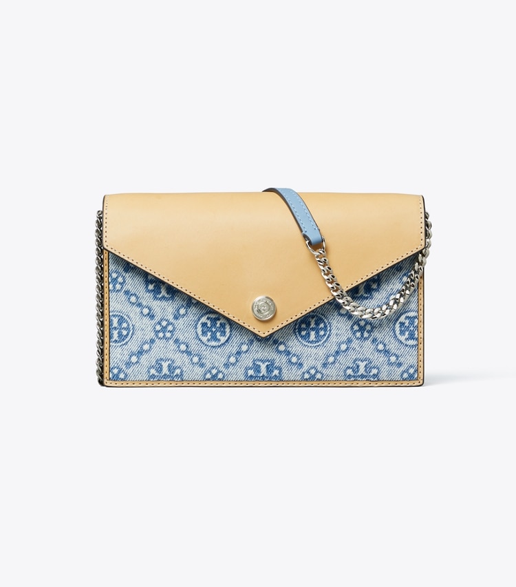 Tory Burch designer mini bags T Monogram Denim Envelope Crossbody in Seltzer front