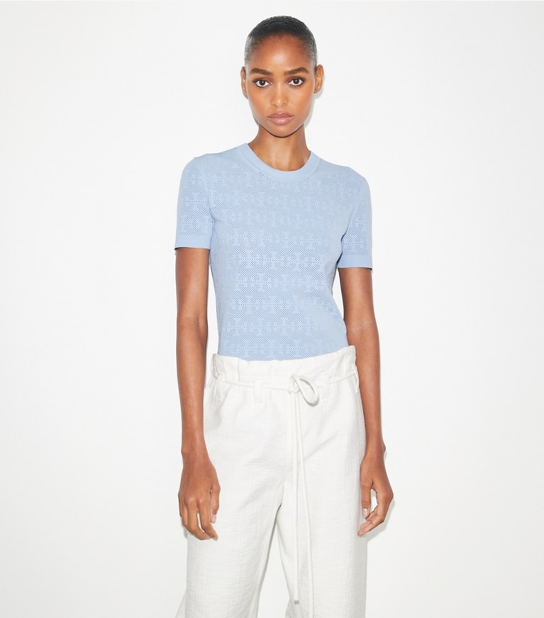 Tory Burch designer sweaters T Monogram Jacquard Sweater in Crisp Blue front