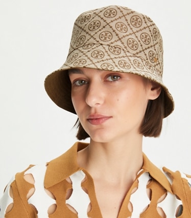 Tory Burch designer hats T Monogram Short-Brim Bucket Hat in Hazel accessory on model
