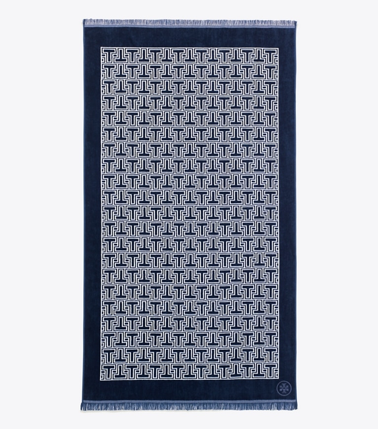Tory Burch designer beach towels T-Tile Beach Towel in Tory Navy/Ivory front